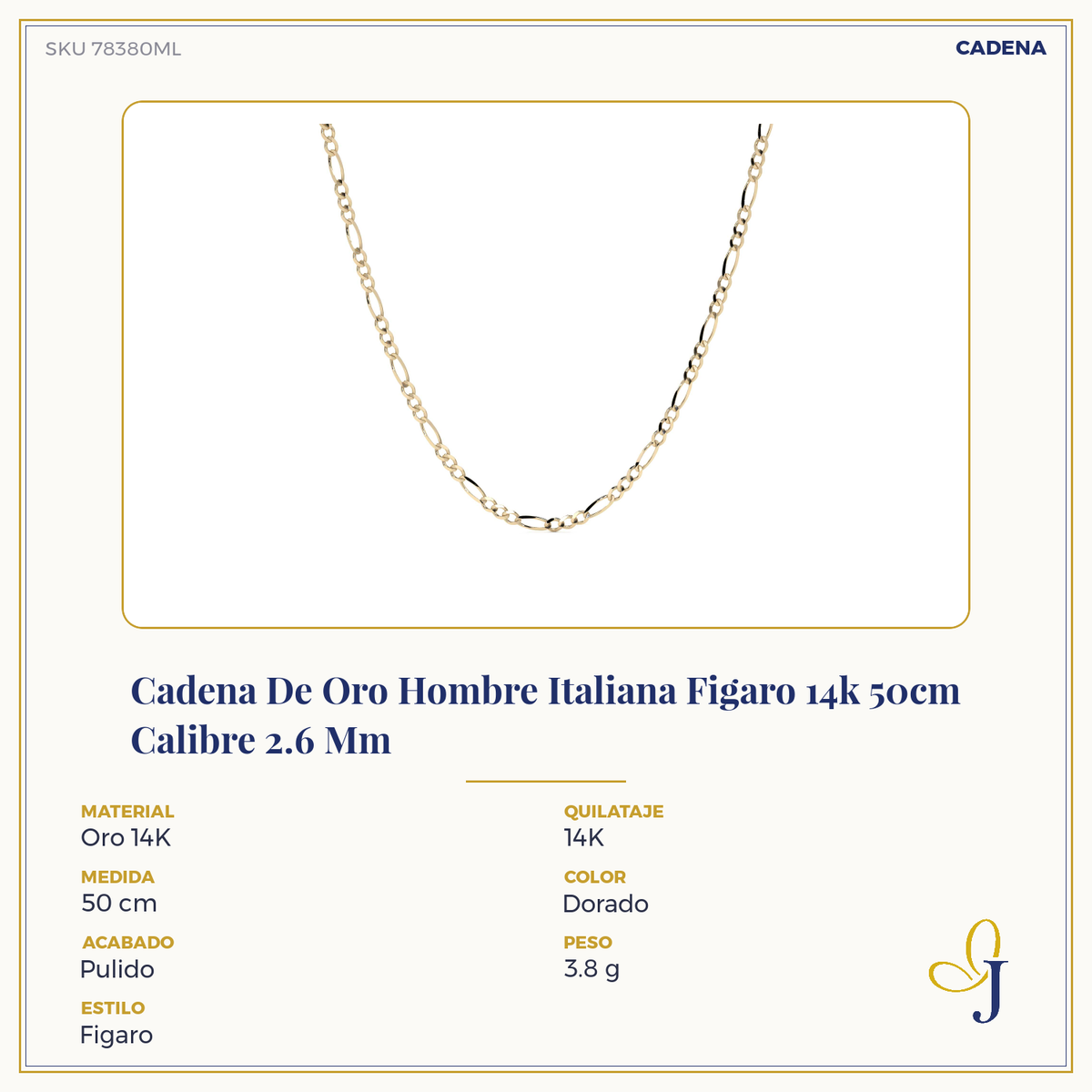 Cadena De Oro Hombre Italiana Figaro 14k Calibre 2.6 Mm