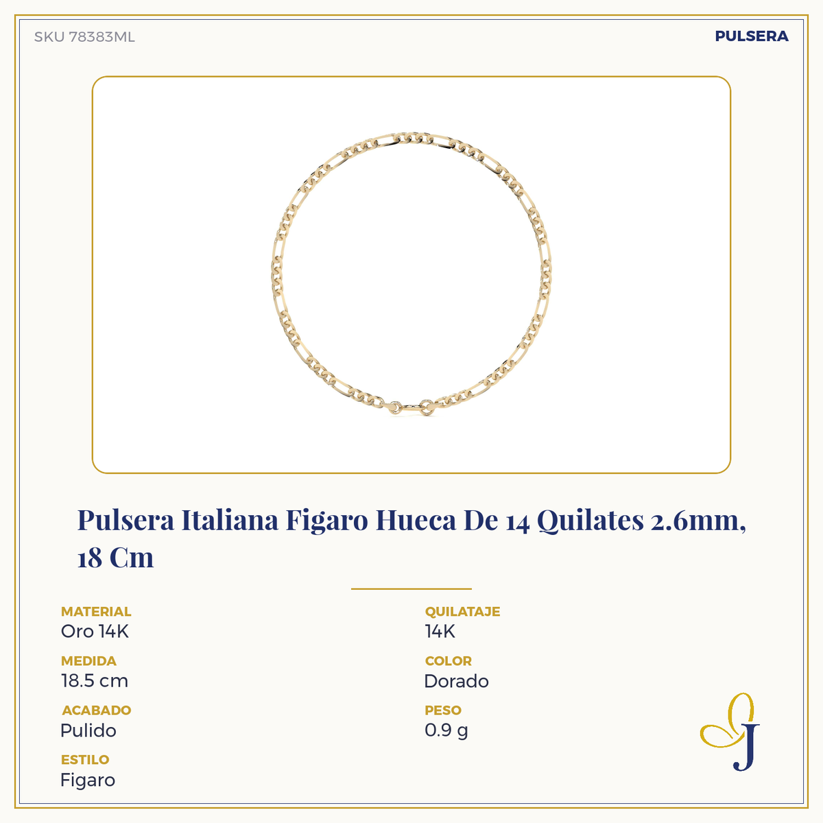 Pulsera De Oro Figaro Hueca 10k Calibre 2.6 Mm 21.5cm Hombre