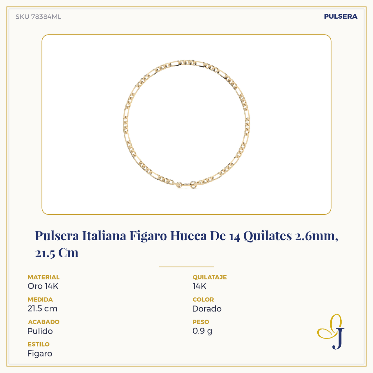 Pulsera De Oro Figaro Hueca 10k Calibre 2.6 Mm 21.5cm Hombre