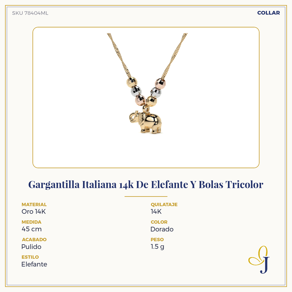 Gargantilla Italiana 14k De Elefante Y Bolas Tricolor