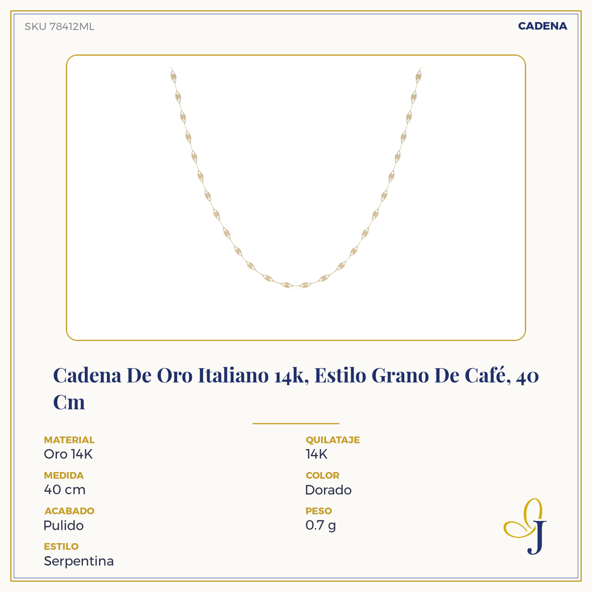 Cadena De Oro Italiano 10k, Estilo Grano De Café