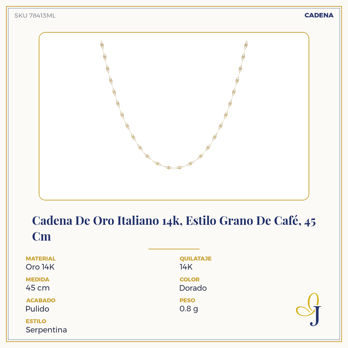 Cadena De Oro Italiano 10k, Estilo Grano De Café