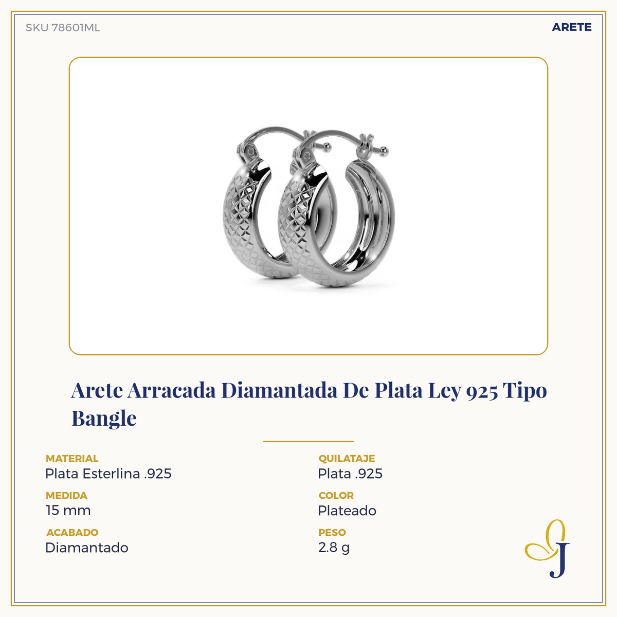 Arete Arracada Diamantada De Plata Ley 925 Tipo Bangle