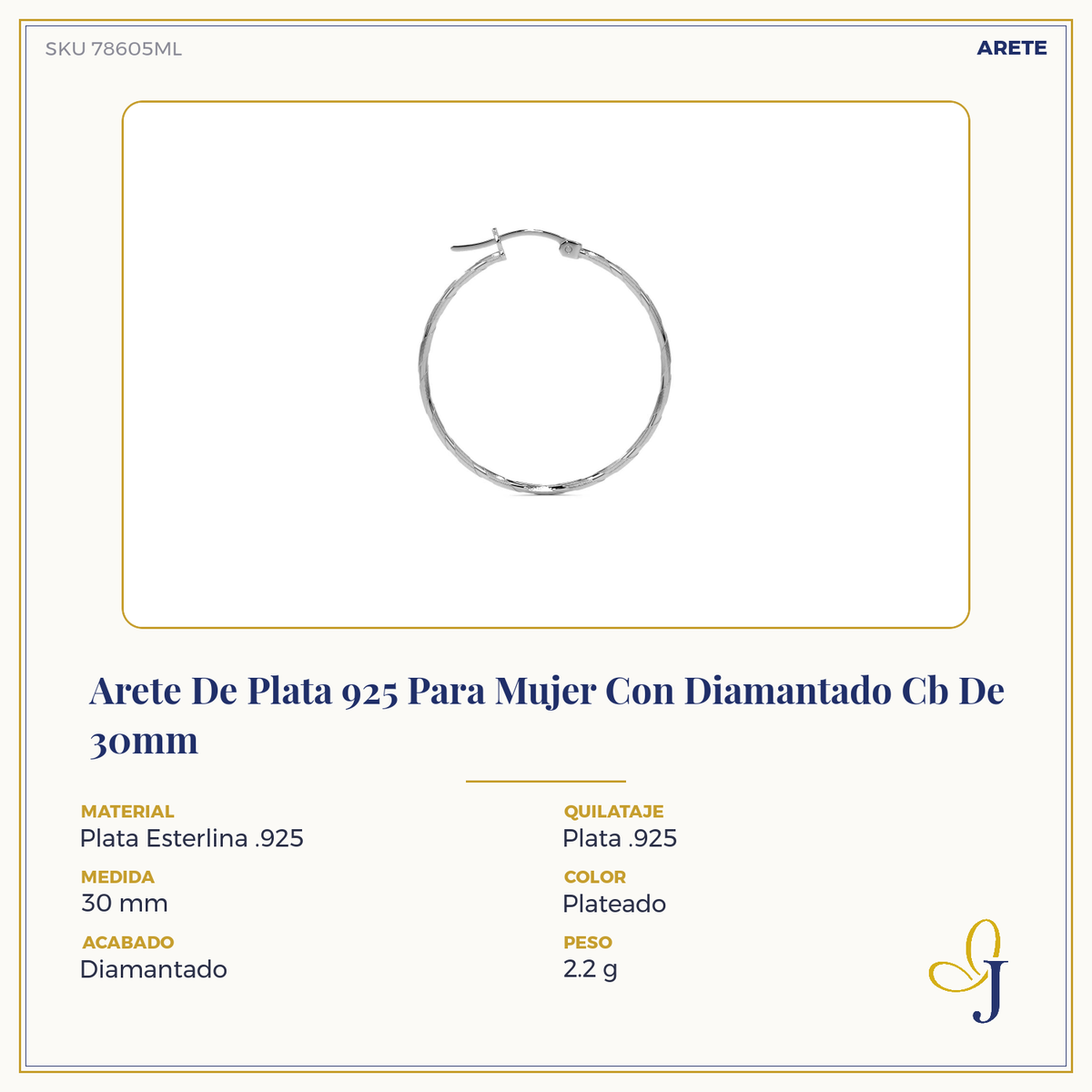 Arete De Plata 925 Extra Ligero Para Mujer Con Diamantado Cordon Blue