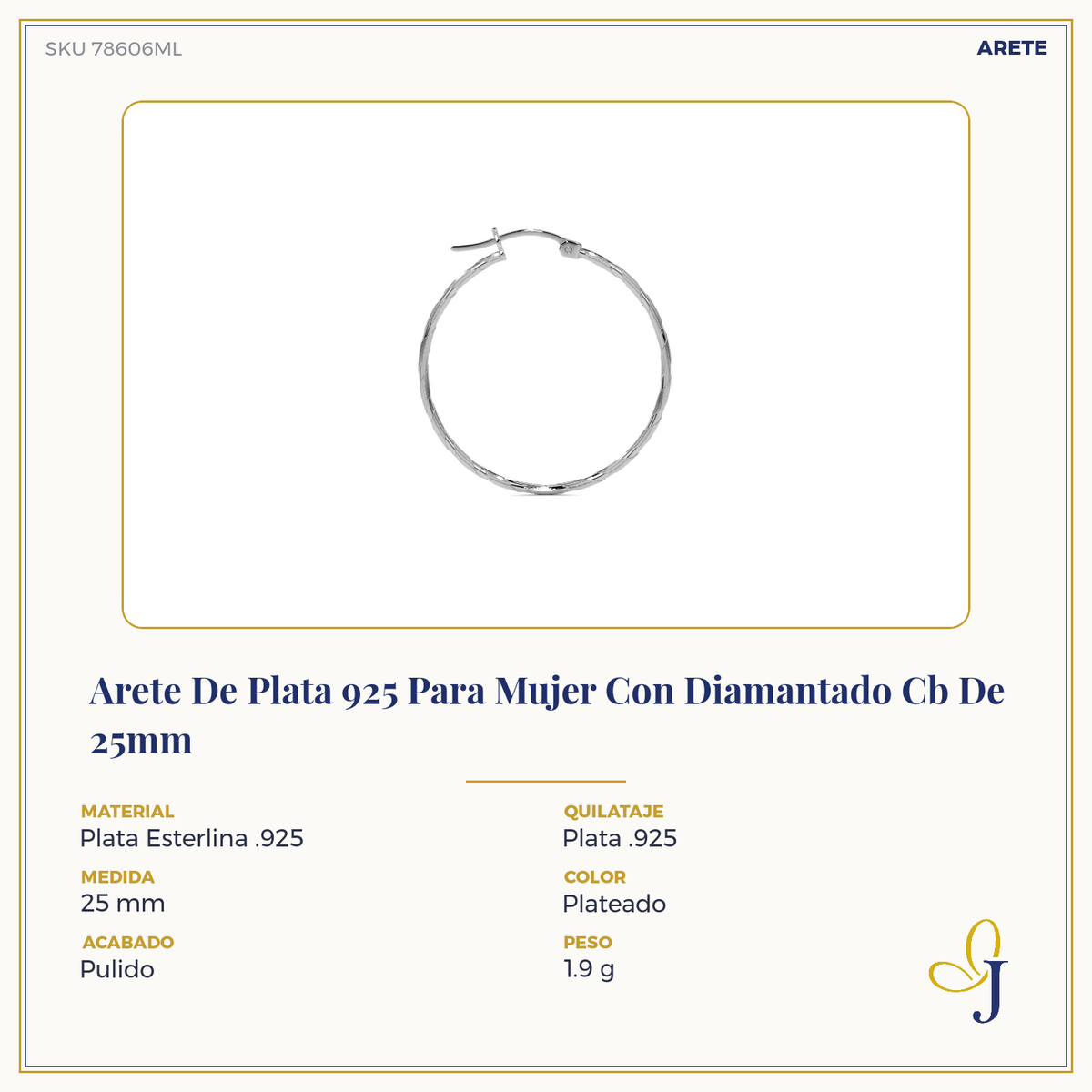 Arete De Plata 925 Extra Ligero Para Mujer Con Diamantado Cordon Blue