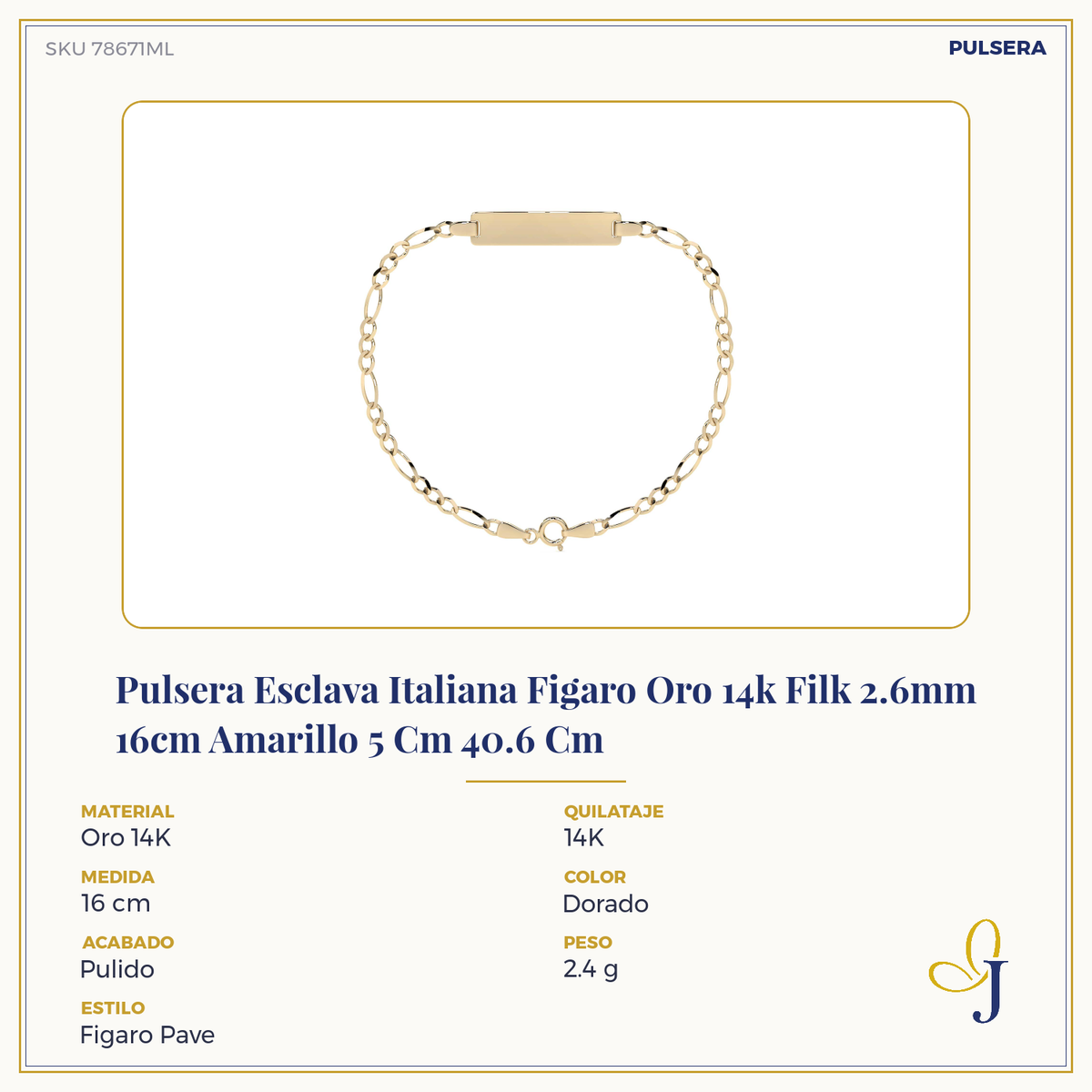 Pulsera Esclava Italiana Figaro Pave Pulso 14k 2.6mm 16cm