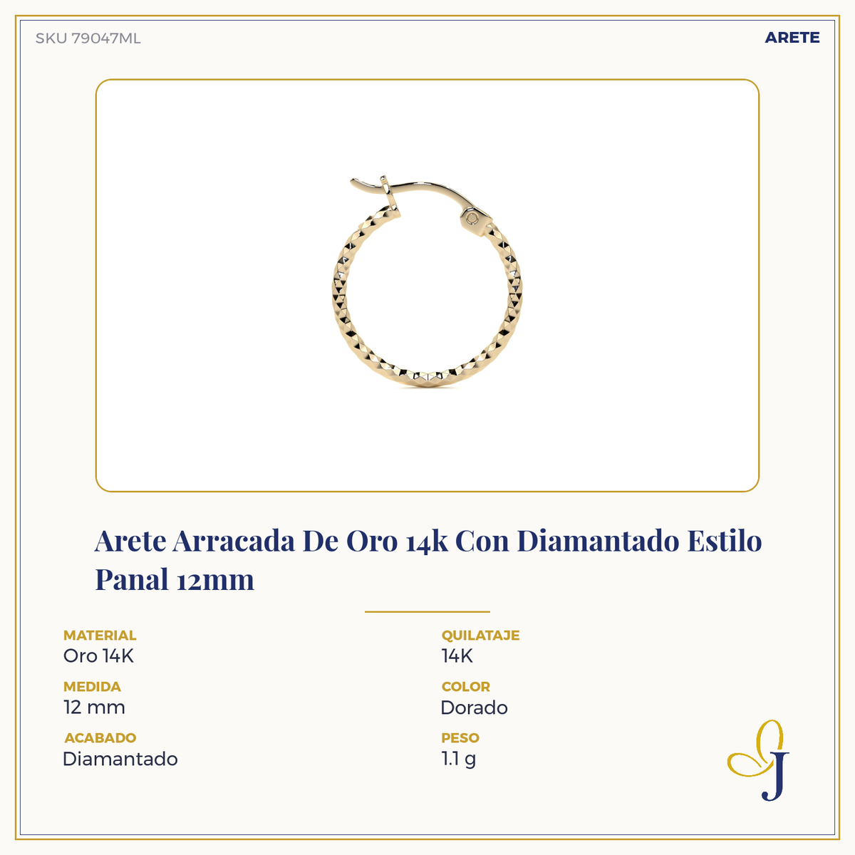 Arete Arracada De Oro 14k Con Diamantado Estilo Panal