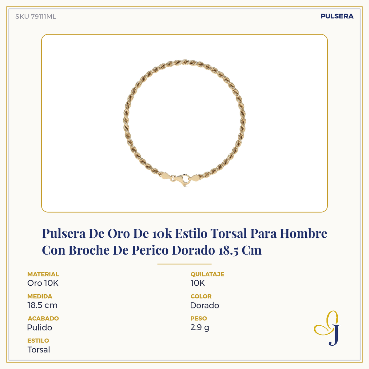 Pulsera De Oro De 10k Estilo Torsal Para Hombre Con Broche De Perico Dorado 18.5 Cm