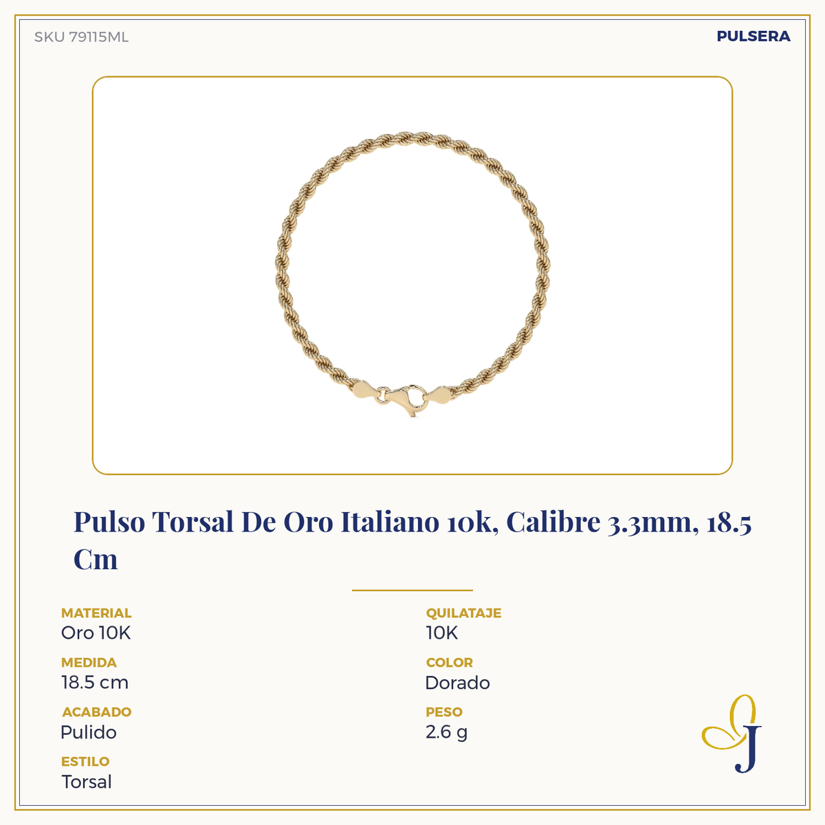 Pulso Torsal De Oro Italiano 10k, Calibre 3.3mm, 16 Cm