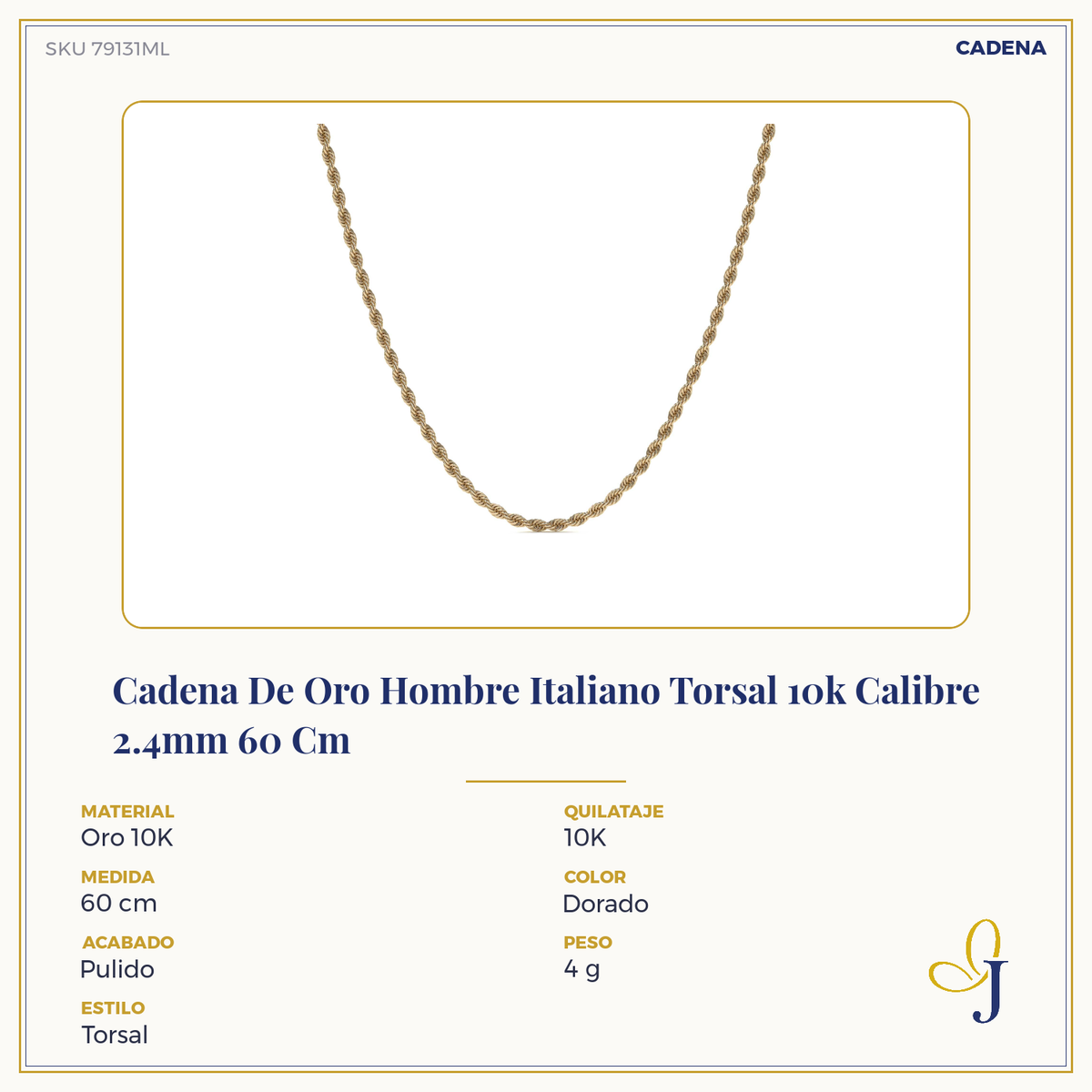 Cadena De Oro Hombre Italiano Torsal 10k Calibre 2.4mm 60 Cm