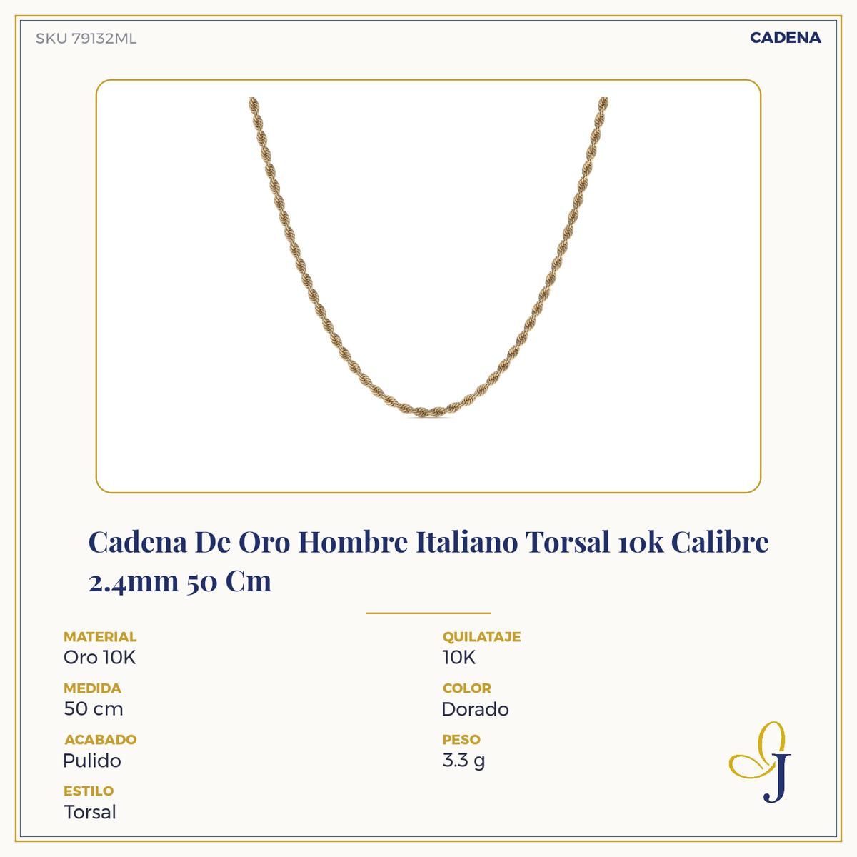 Cadena De Oro Hombre Italiano Torsal 10k Calibre 2.4mm 60 Cm
