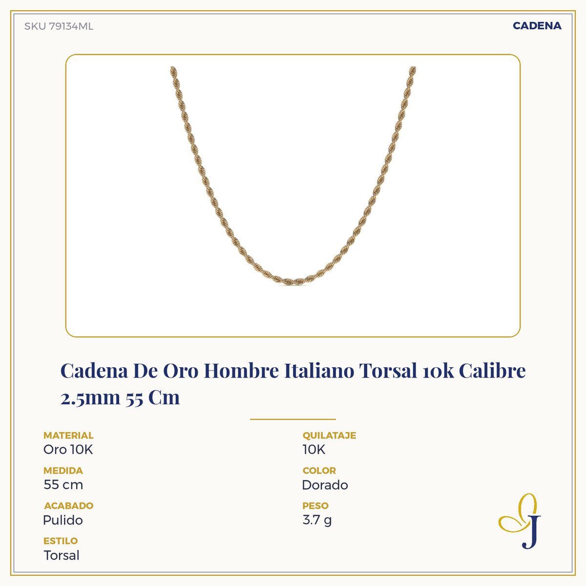 Cadena De Oro Hombre Italiano Torsal 10k Calibre 2.4mm 60 Cm