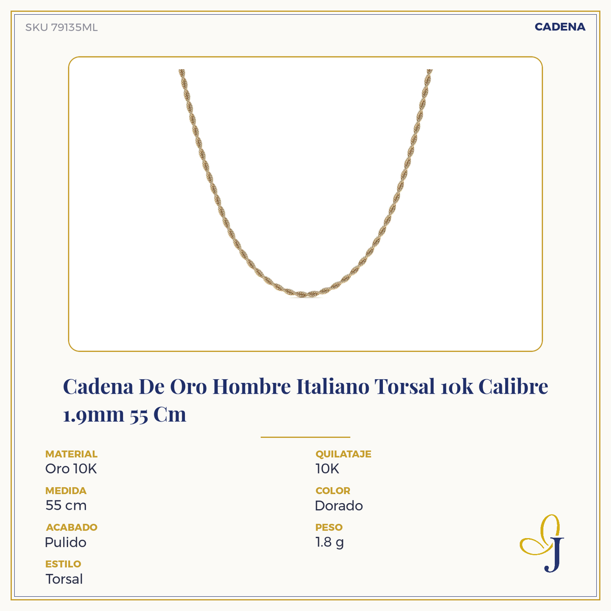 Cadena De Oro Hombre Italiano Torsal 10k Calibre 1.9mm 55 Cm