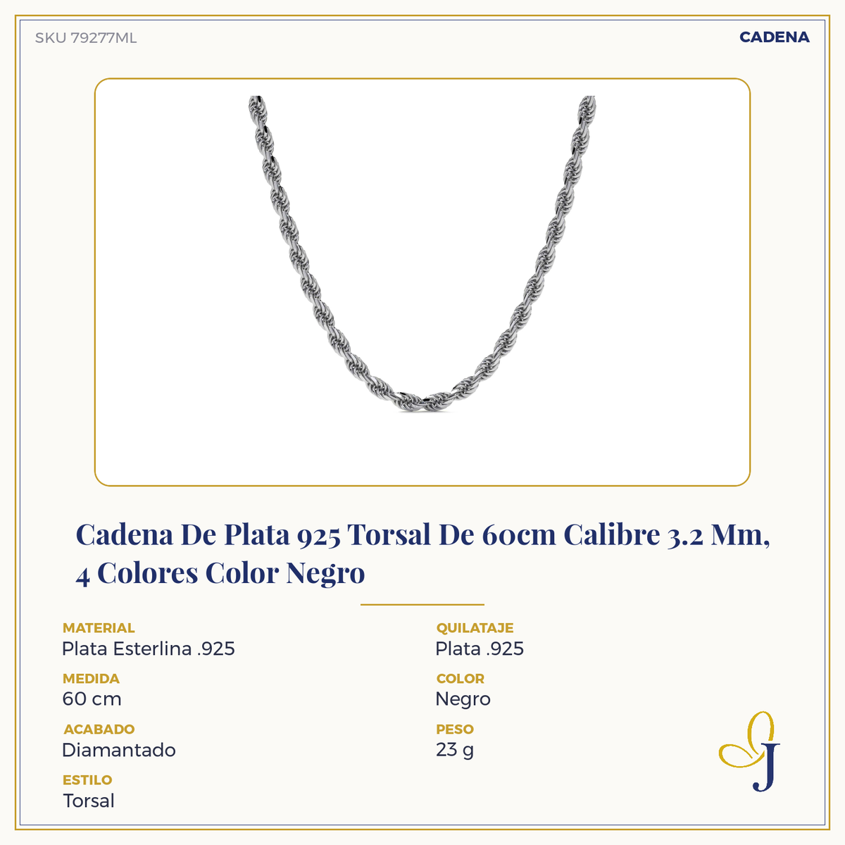 Cadena De Plata 925 Estilo Torsal Calibre 3.3 Mm