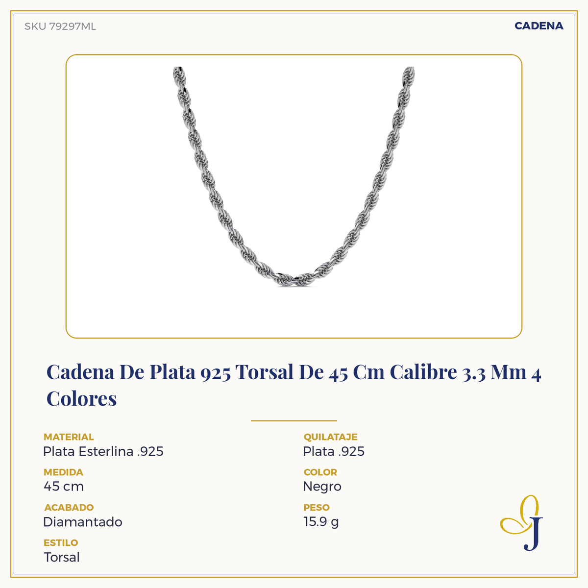 Cadena De Plata 925 Estilo Torsal Calibre 3.3 Mm