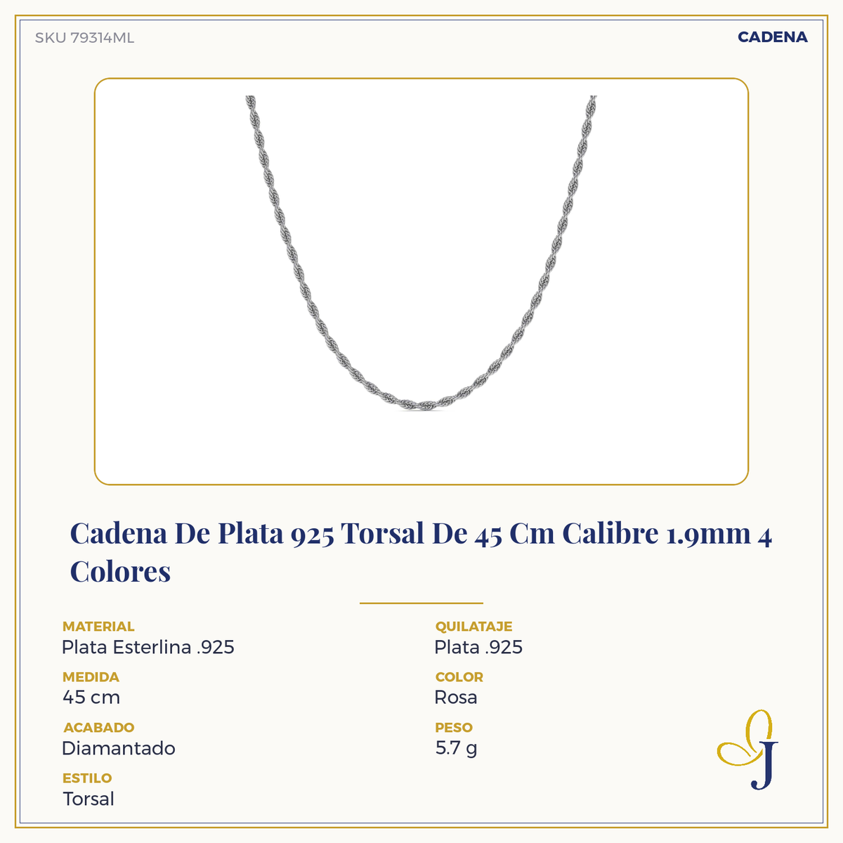 Cadena De Plata 925 Italiana Torsal Calibre 1.9mm en 4 colores