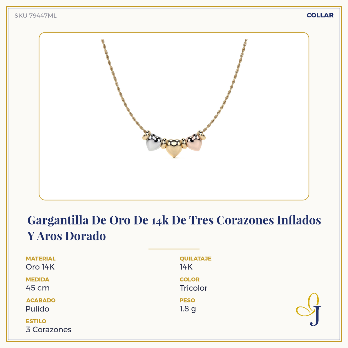 Gargantilla Italiana 10k De Tres Corazones Inflados Y Aros