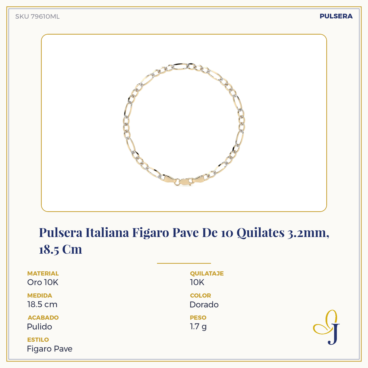 Pulsera Italiana Figaro Pave De 10 Quilates 3.2mm, 21.5 Cm