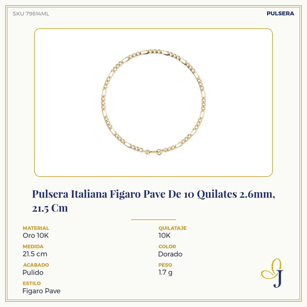 Pulsera Italiana Figaro Pave De 10 Quilates 2.6mm