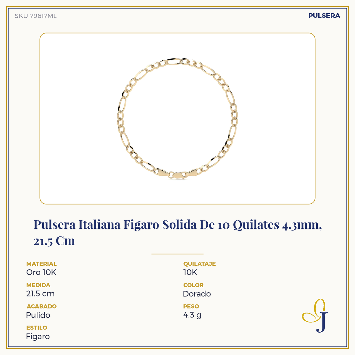 Cadena Figaro Oro 10k 4.3mm 50cm Dorado Clásica Diseño Italiano