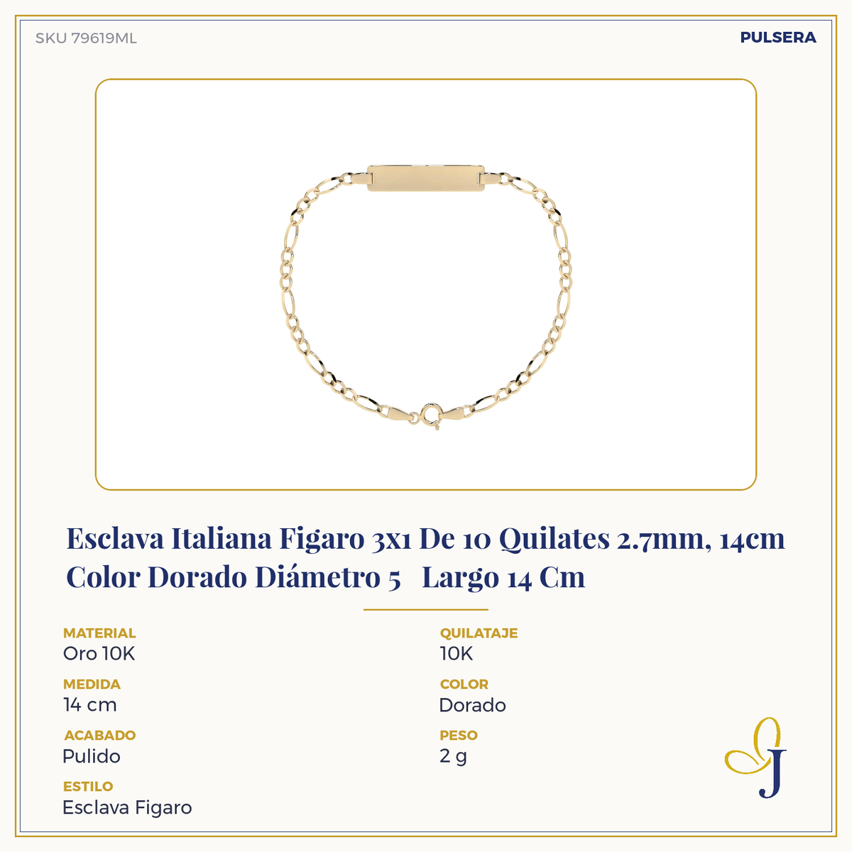 Esclava Italiana Figaro 3x1 De 10 Quilates 2.7mm, 18cm Color Dorado Diámetro 6   Largo 18 Cm 15.2 Cm