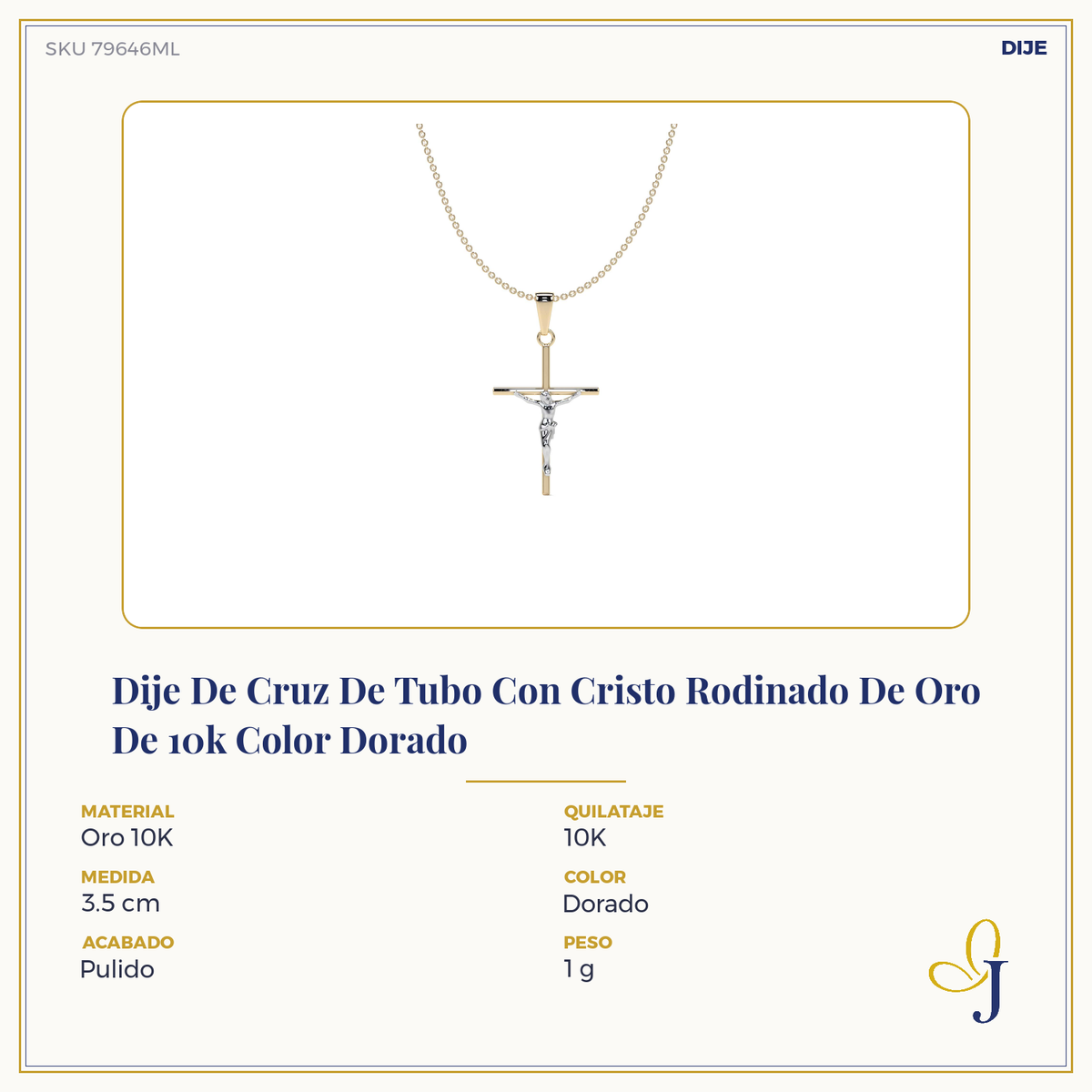 Dije De Cruz De Tubo Con Cristo Rodinado De Oro De 10k