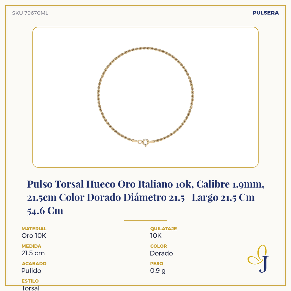 Pulso Torsal Hueco Oro Italiano 10k, Calibre 1.9mm