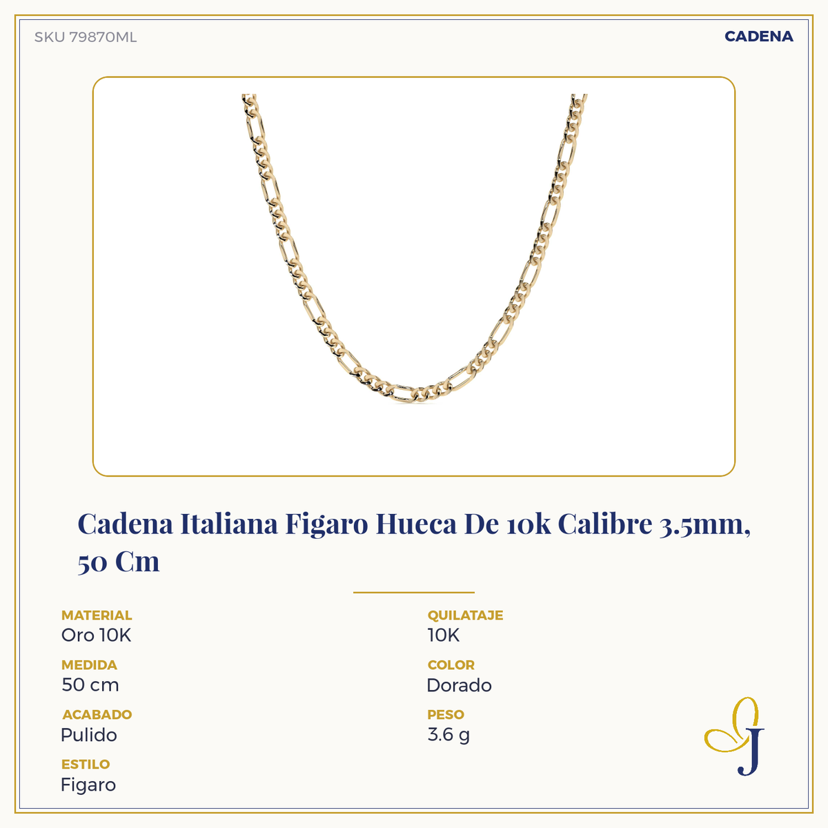 Cadena de Oro 10K Figaro 3x1 Unisex| Collar Italiano 3.5mm Imperial Jewelry | Joyería Fina Resistente