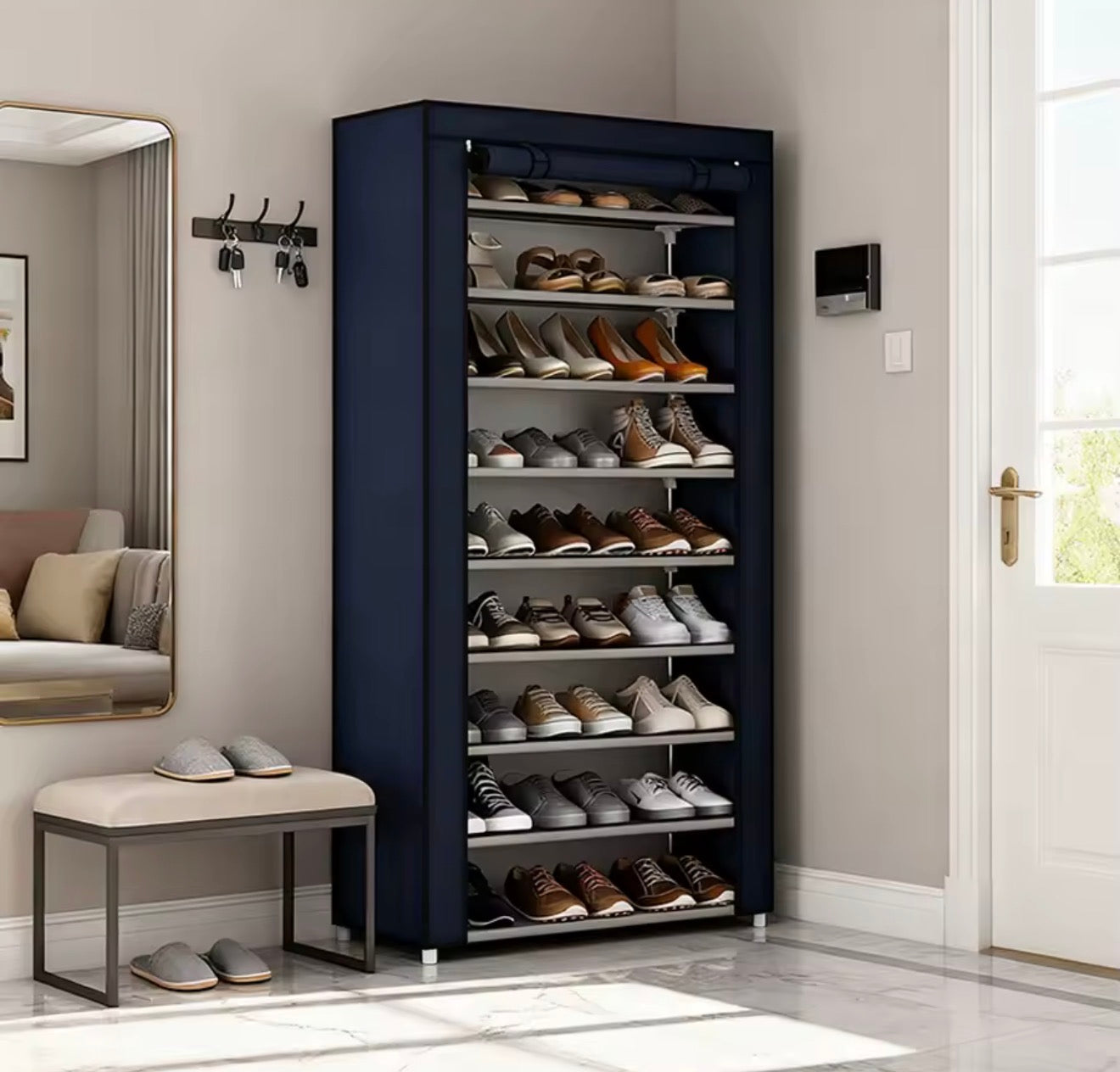 Zapatera con Cubierta de Tela 9 Niveles – Estructura de Acero, Organizador de Zapatos