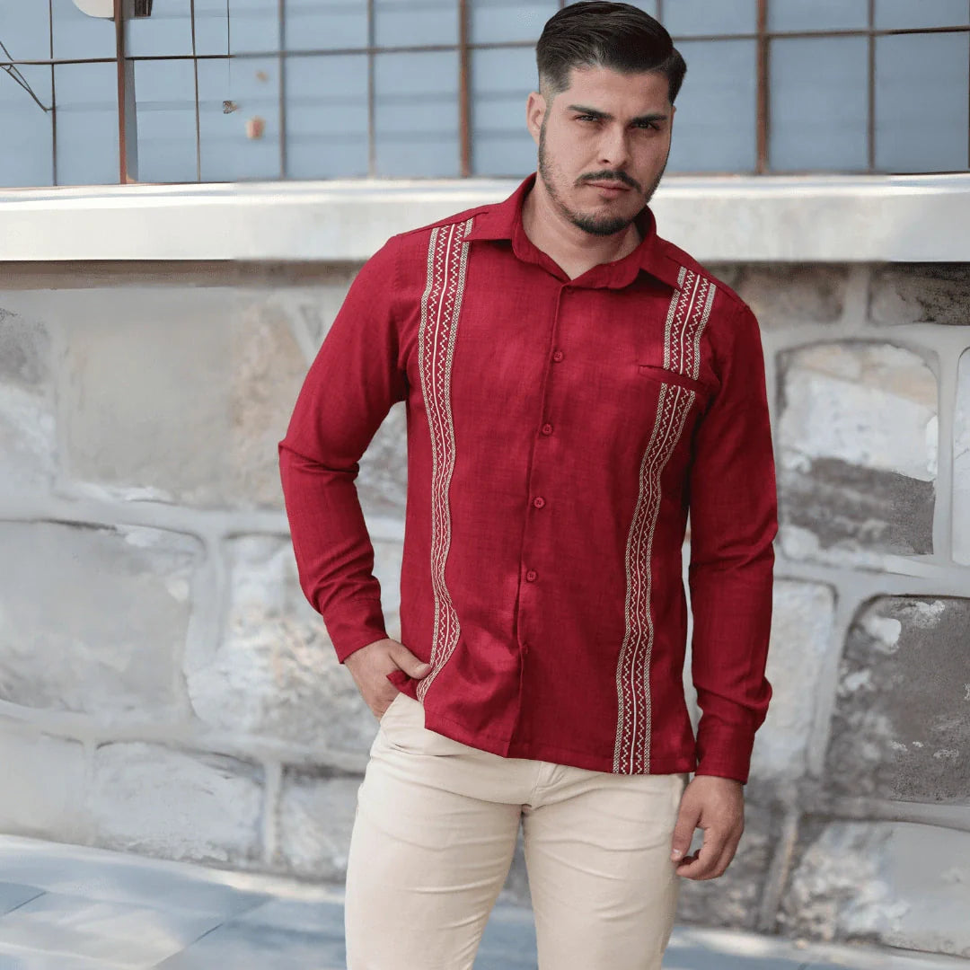 Camisa Guayabera Manga Larga Tinto