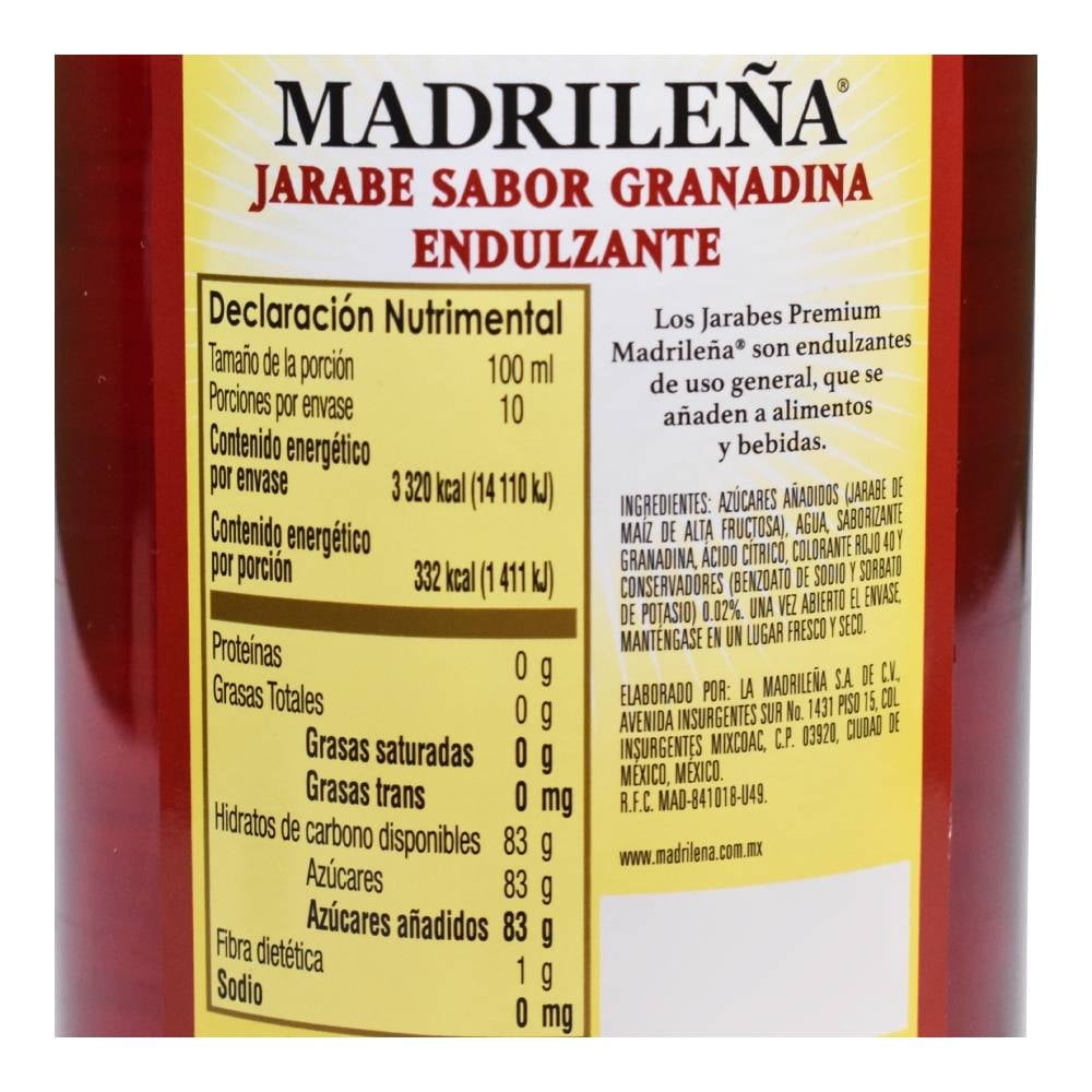 Jarabe Granadina Madrileña   Endulzante 1 L