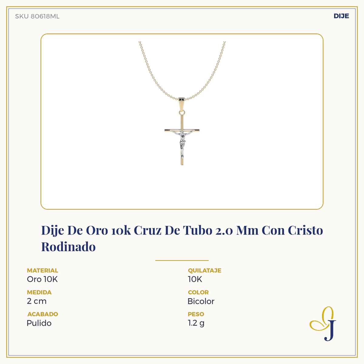 Dije De Cruz De Tubo Con Cristo Rodinado De Oro De 10k
