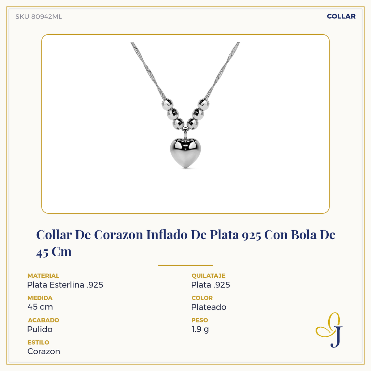 Collar De Corazon Inflado De Plata 925 Con Bola De 45 Cm