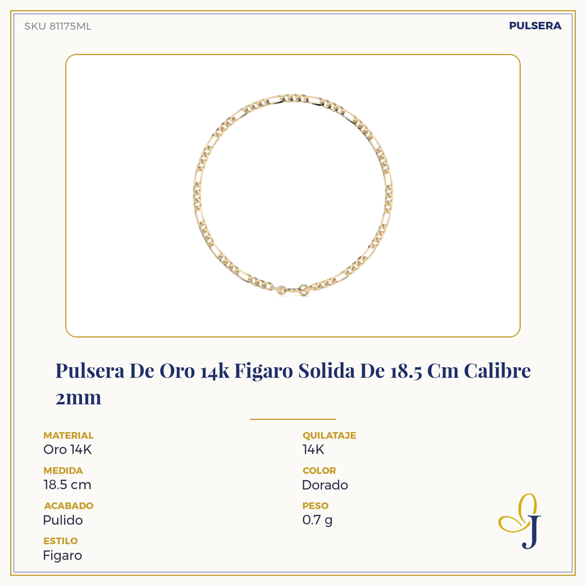 Pulsera De Oro 14k Figaro Solida De 18.5 Cm Calibre 2mm