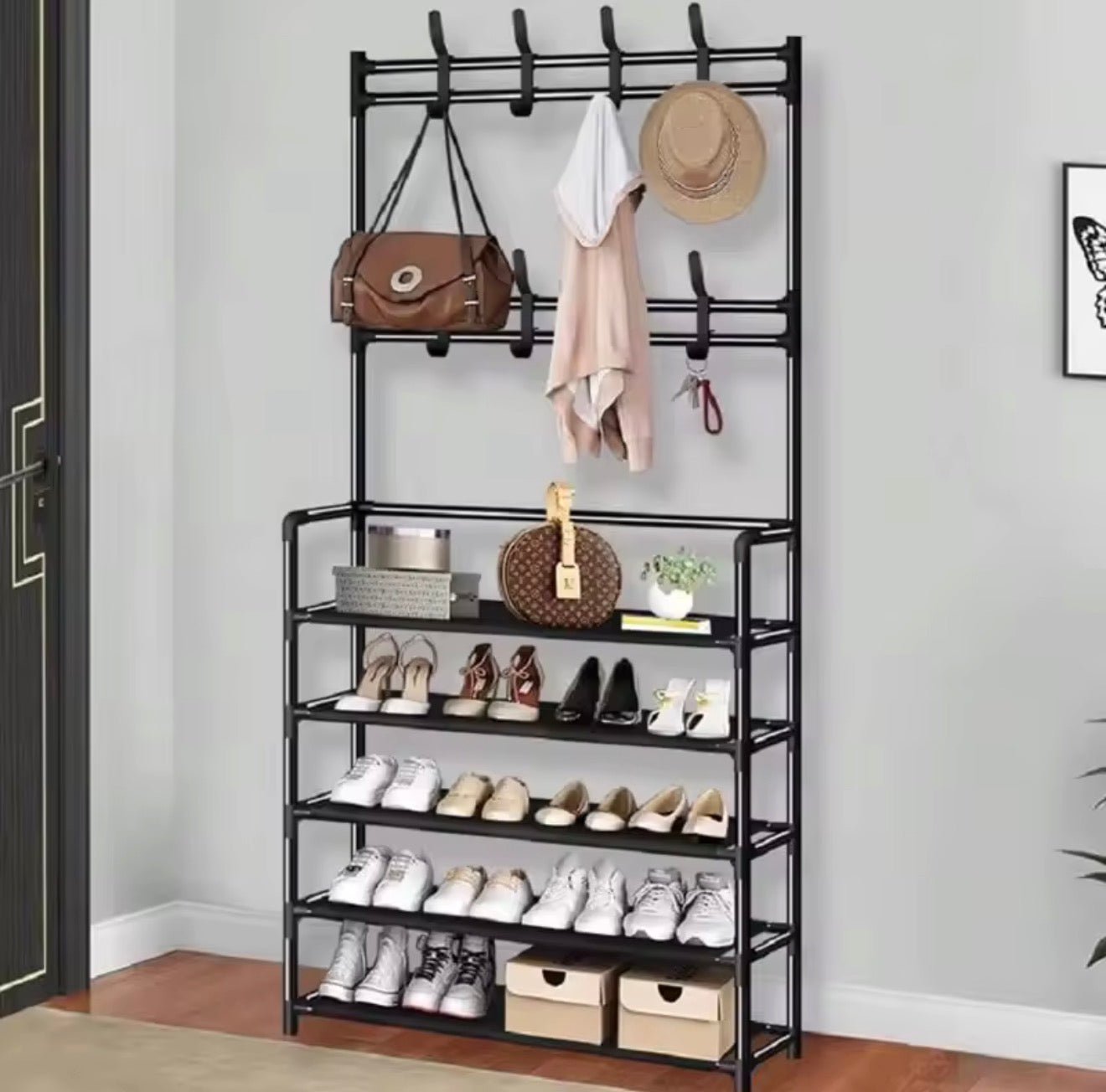 Zapatero Metálico 5 Niveles con Perchero y Ganchos – Organizador de Ropa y Calzado