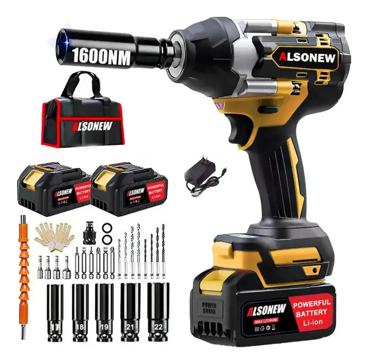 Kit De Llave De Impacto Inalámbrica 1600nm Con 2 Pilas Color Amarillo