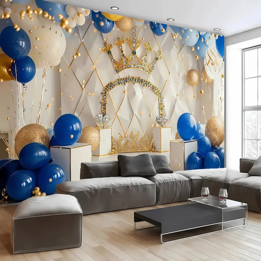 Fondo para fiesta de cumpleaños “Corona del Rey” en azul royal y dorado