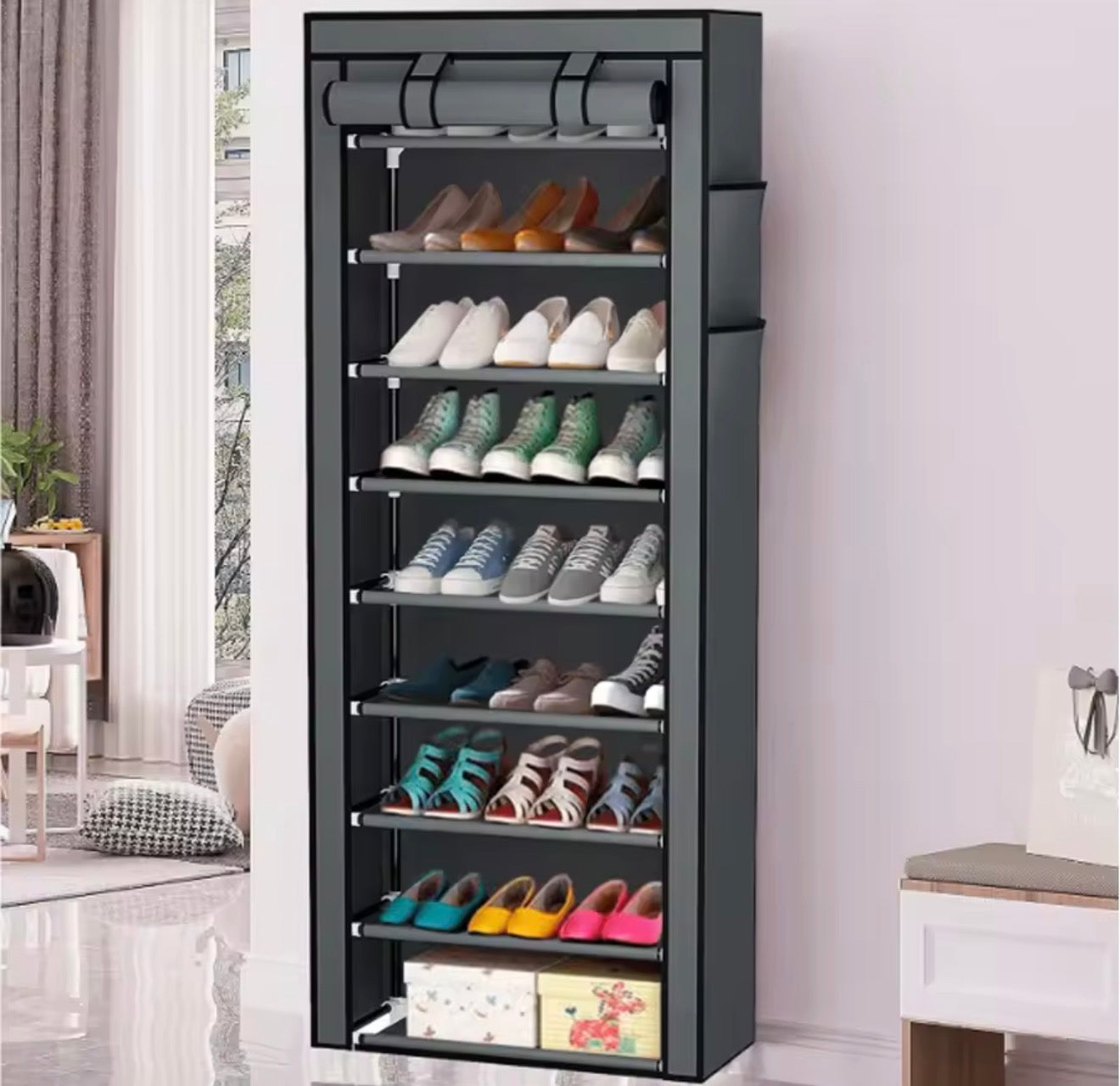Zapatera con Cubierta de Tela 9 Niveles – Estructura de Acero, Organizador de Zapatos