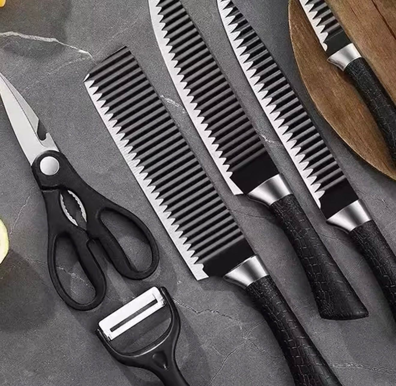 Set Profesional de Cuchillos 6 Piezas con Tijeras y Pelador – Acero al Carbono