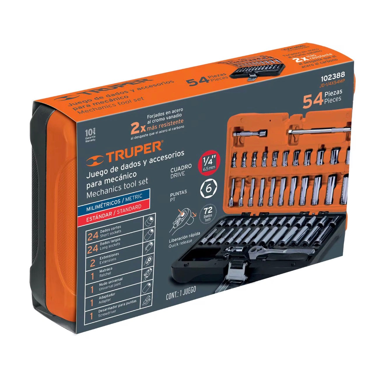 Juego de dados y accesorios Truper 1/4” – 54 pzs (métrico y estándar)