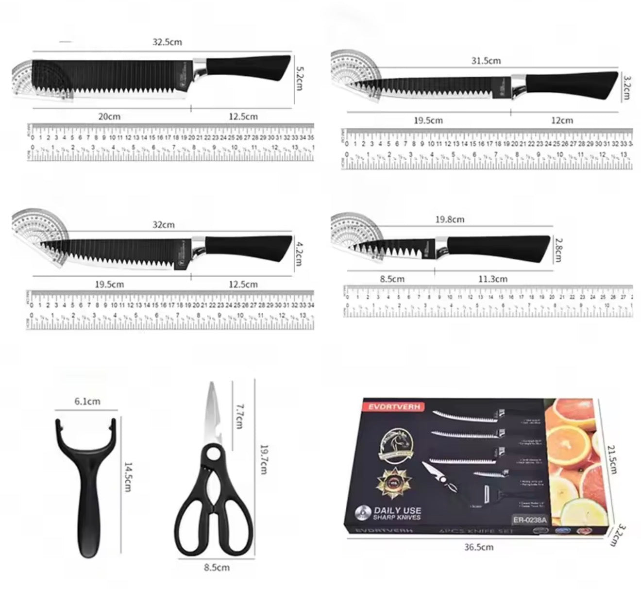 Set Profesional de Cuchillos 6 Piezas con Tijeras y Pelador – Acero al Carbono
