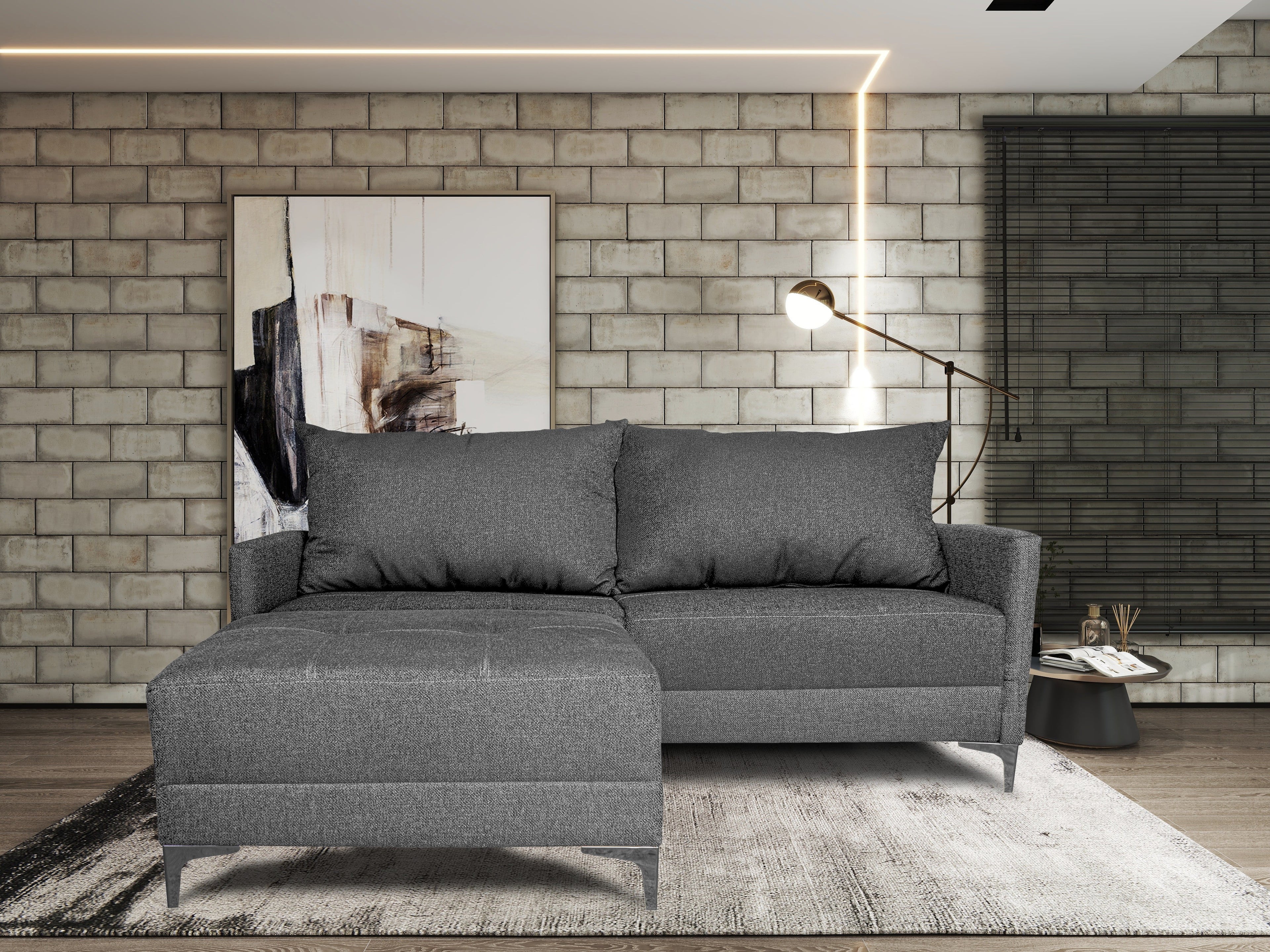 Sala Esquinera Modular El Bazar Store Montana Negro 170x155 cm, Tela Lino nacional, Love seat y taburete