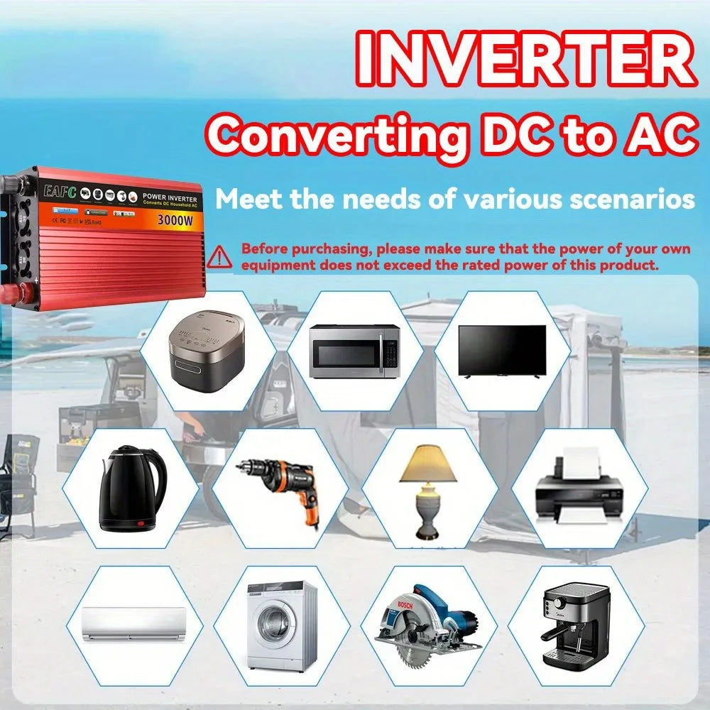 Adaptador convertidor de potencia de inversor de coche portátil de 3000W CC de 12V a CA 110V banco de energía de inversor Solar doméstico para camión automático al aire libre