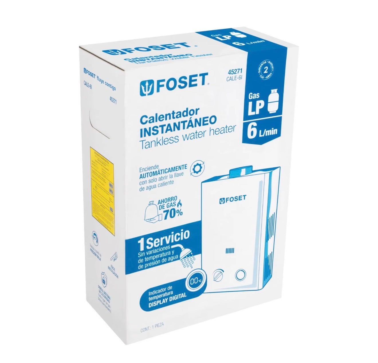 Calentador Instantáneo Foset 6 L/min Gas LP con Display Digital