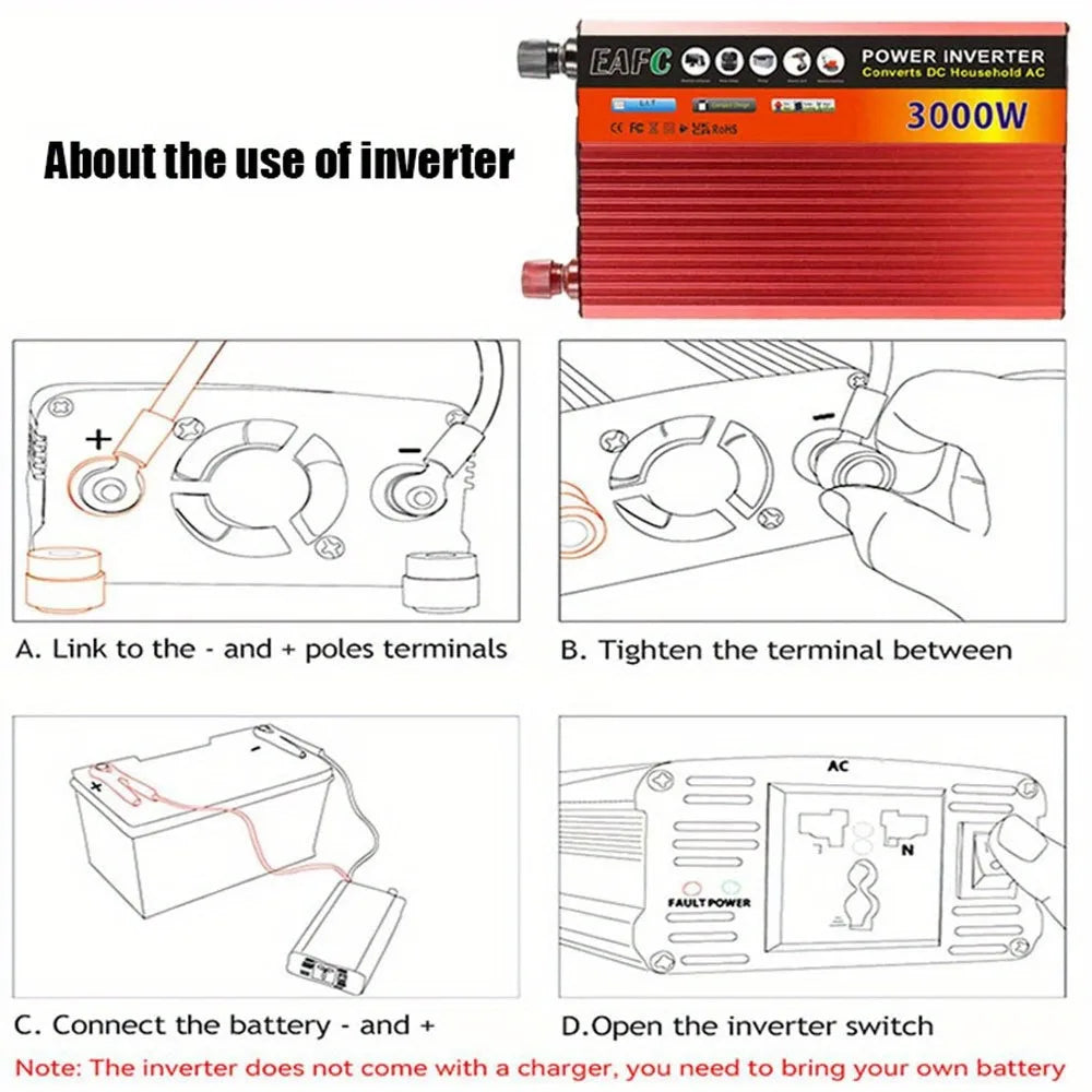 Adaptador convertidor de potencia de inversor de coche portátil de 3000W CC de 12V a CA 110V banco de energía de inversor Solar doméstico para camión automático al aire libre