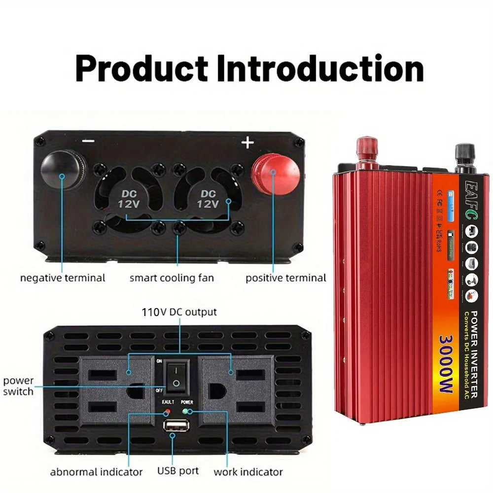 Adaptador convertidor de potencia de inversor de coche portátil de 3000W CC de 12V a CA 110V banco de energía de inversor Solar doméstico para camión automático al aire libre