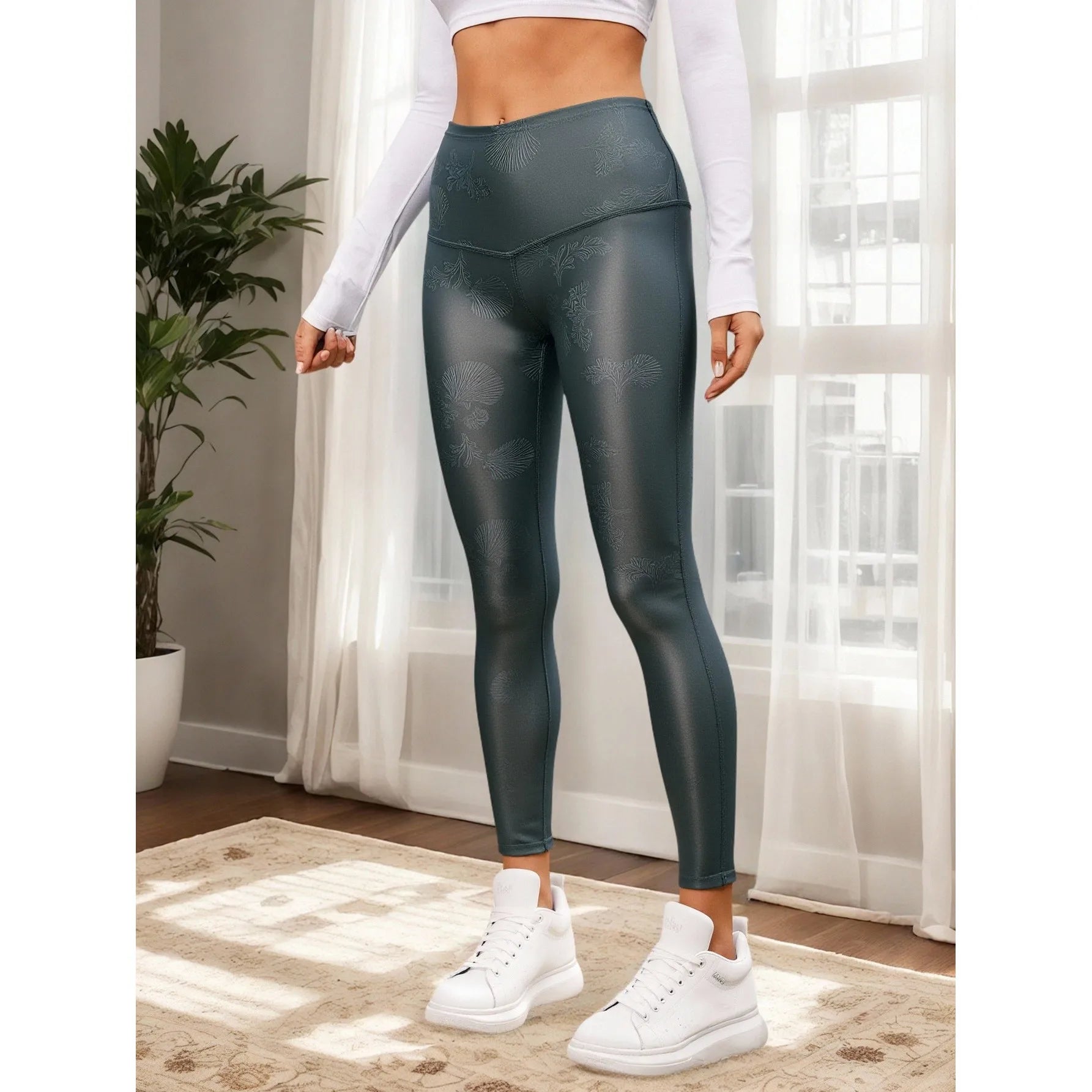 LJ H034-Grey High Waist Seamless Floral Leggings Breathable Nylon Spandex Tights Ruched Decoration Yoga Fitness Plus Size XXL