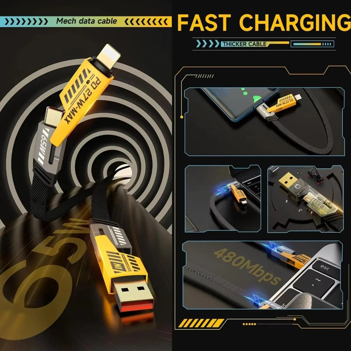 Cable Carga Rapida 65w 4 en 1 Tipo C, Lightning, Usb Para Movil
