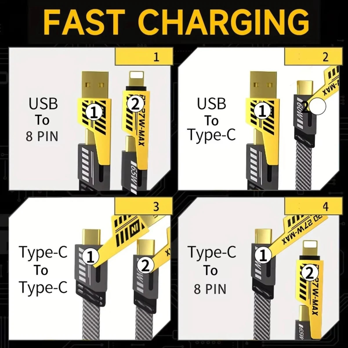 Cable Carga Rapida 65w 4 en 1 Tipo C, Lightning, Usb Para Movil