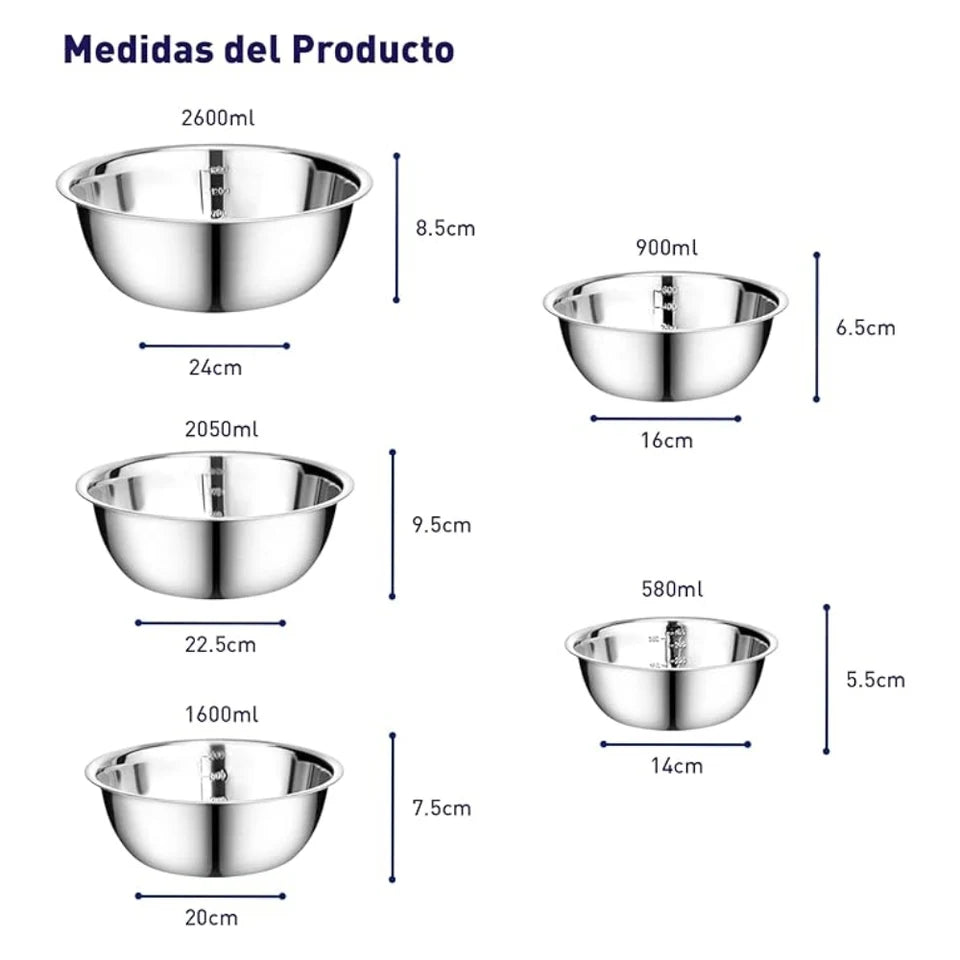 5 Bowls de Cocina de Acero Inoxidable